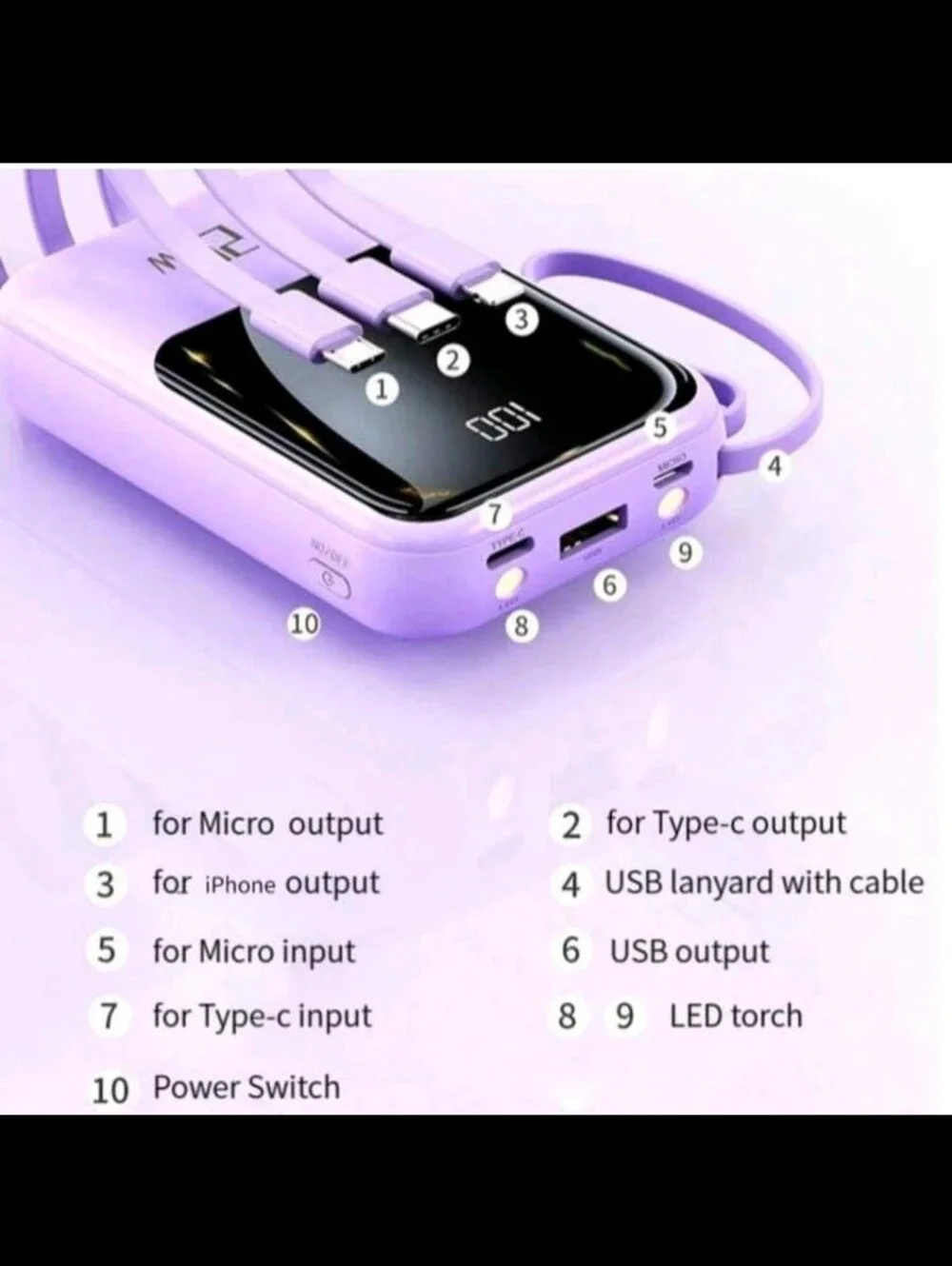 Portable Fast Charging Power Bank with Built-In Cables - Purple